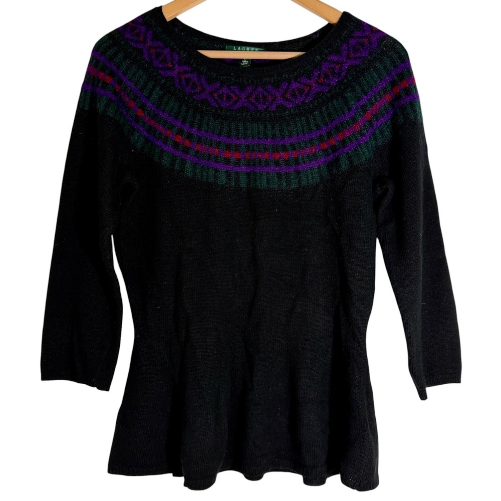 Lauren Ralph Lauren Women's Flare Waist Fair Isle Sweater Mohair Wool Black L